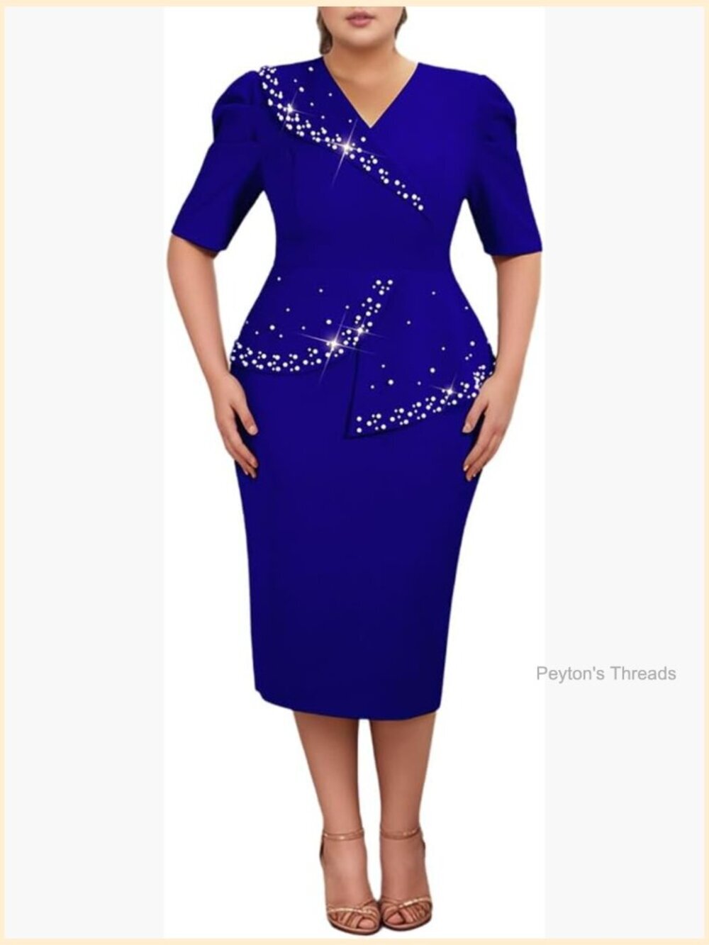 Plus Size Pearl Beaded Wrap V-Neck Peplum Bodycon Cocktail Dress